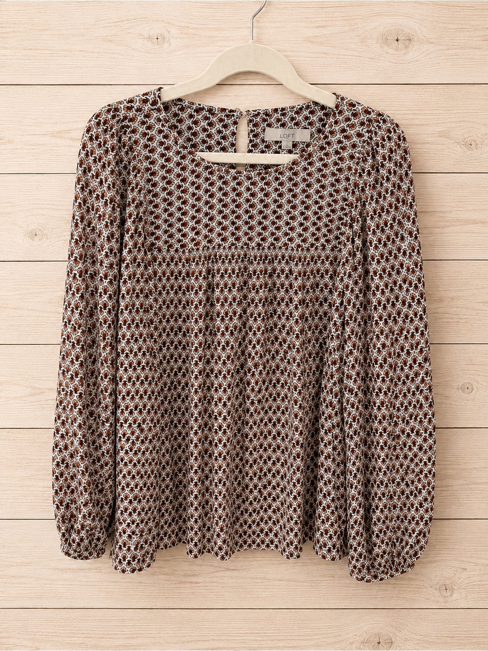 LOFT Brown & Cream Printed Long-Sleeve Blouse